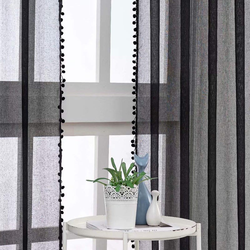MISS SELECTEX Linen Look Pom Pom Tasseled Sheer Curtains - Rod Pocket Voile Semi-Sheer Curtains for Living and Bedroom, Set of 2 Curtain Panels (52 x 72 inch, Black) - Image 4